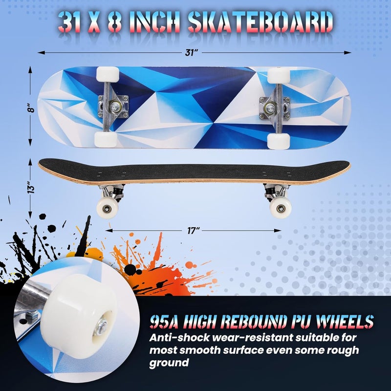 Anysun Pro Complete Skateboards for Beginners Girls Boys Kids Youths Teens Adults 31"x8" Skate Boards 7 Layers Canadian Maple Double Kick Deck Concave Longboard - Image 2